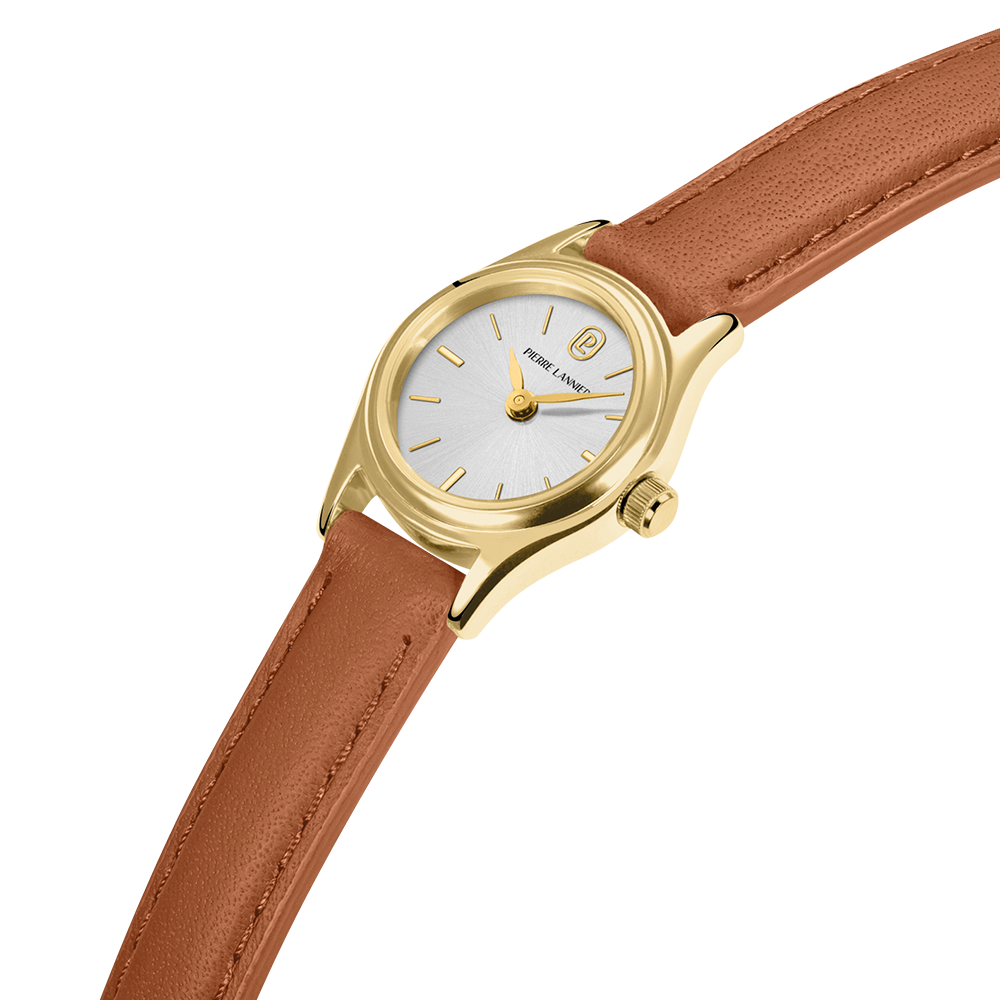 Montre Pierre LANNIER PYA Mini Doré Argent cuir marron