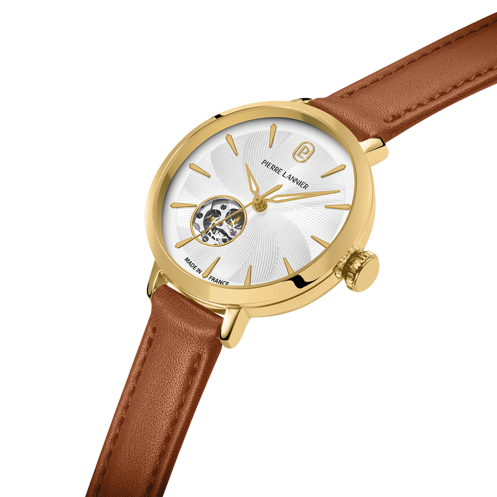Montre Pierre LANNIER Femme Auto SOLINE Doré cuir Brun