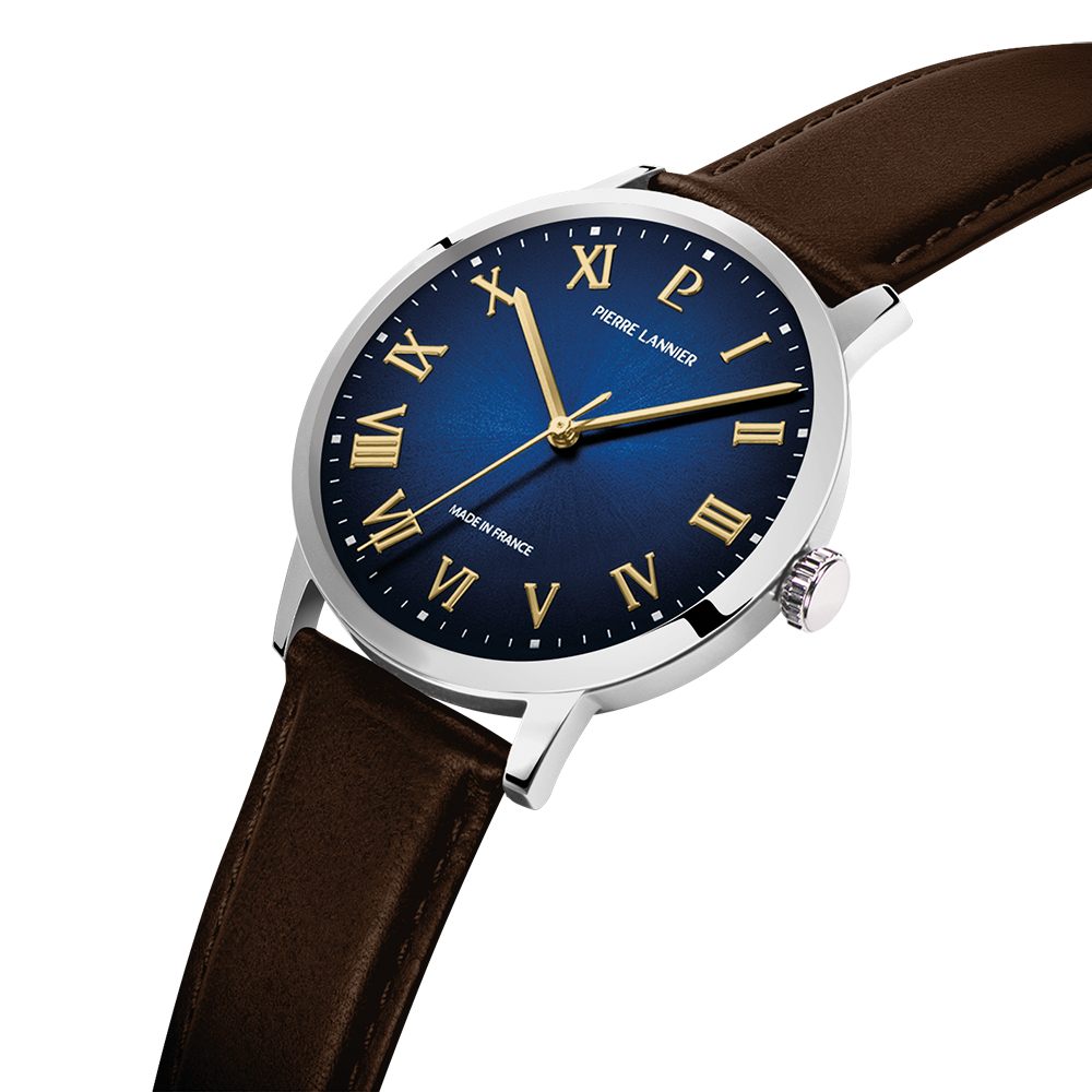 Montre Pierre LANNIER INTERVAL Acier Bleu Cuir Marron