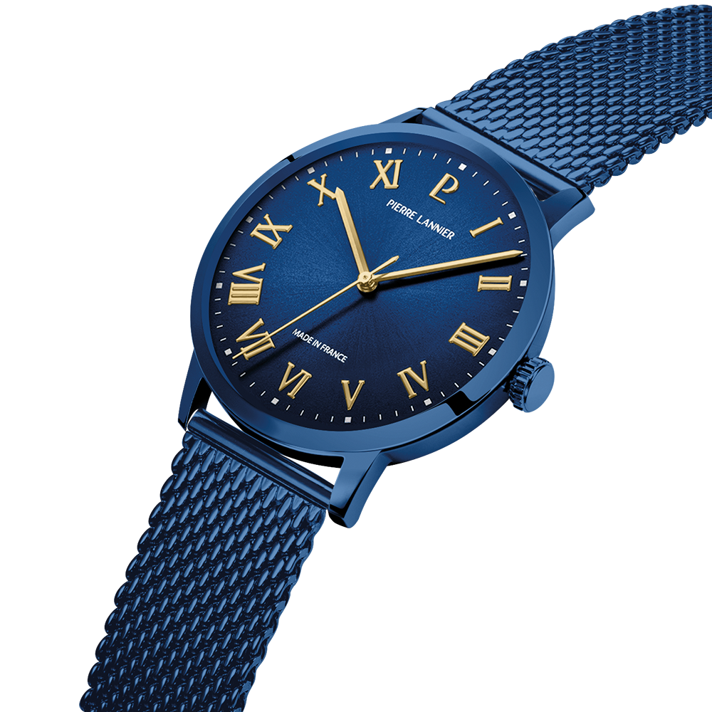 Montre Pierre LANNIER INTERVAL Acier Bleu Maille milanaise Bleue