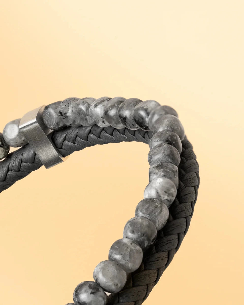 Bracelet Gemini Double Cuir gris & Larvikite - BIJOUX - O34XXS