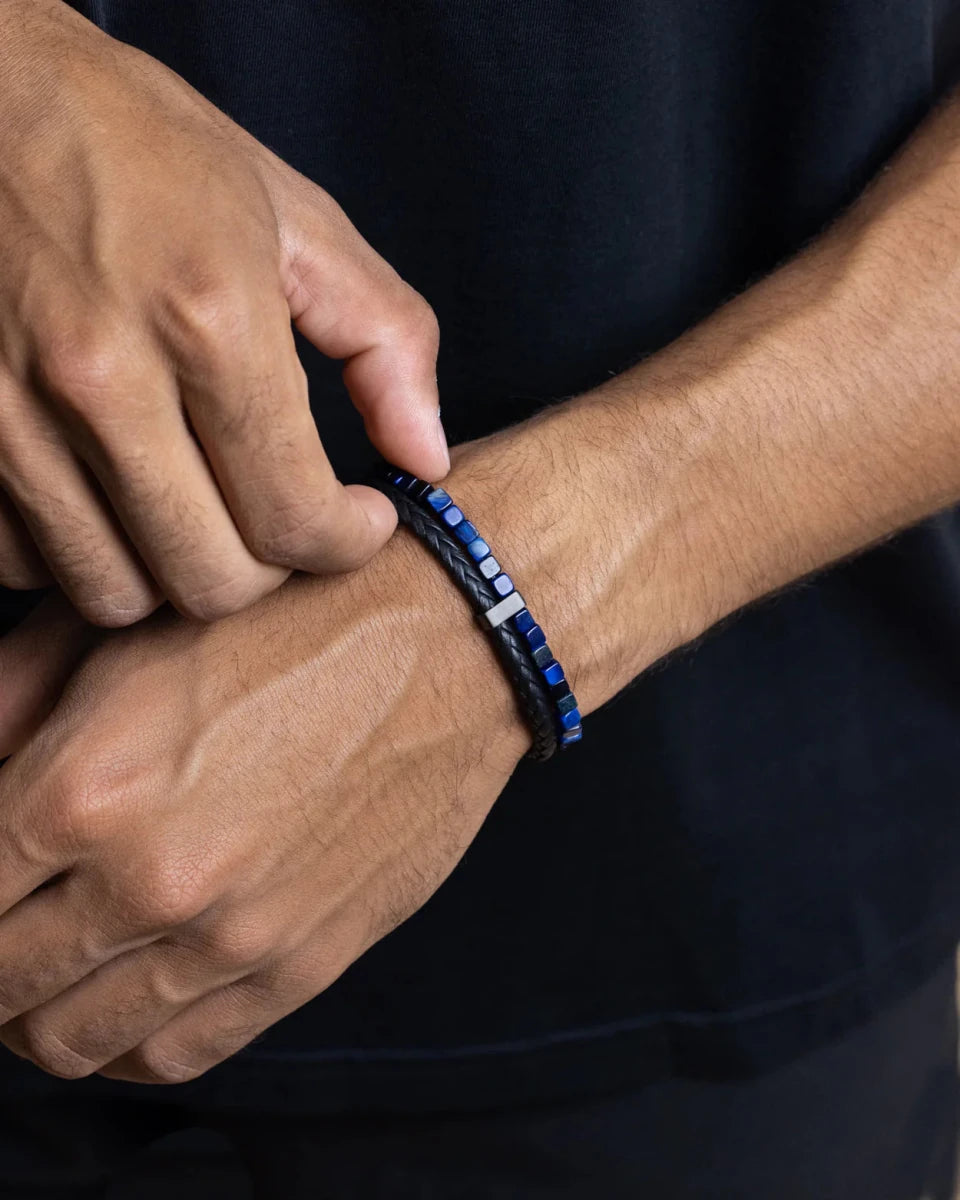 Bracelet Gemini Double Cuir noir & Œil de Tigre bleu - BIJOUX - O37XXS