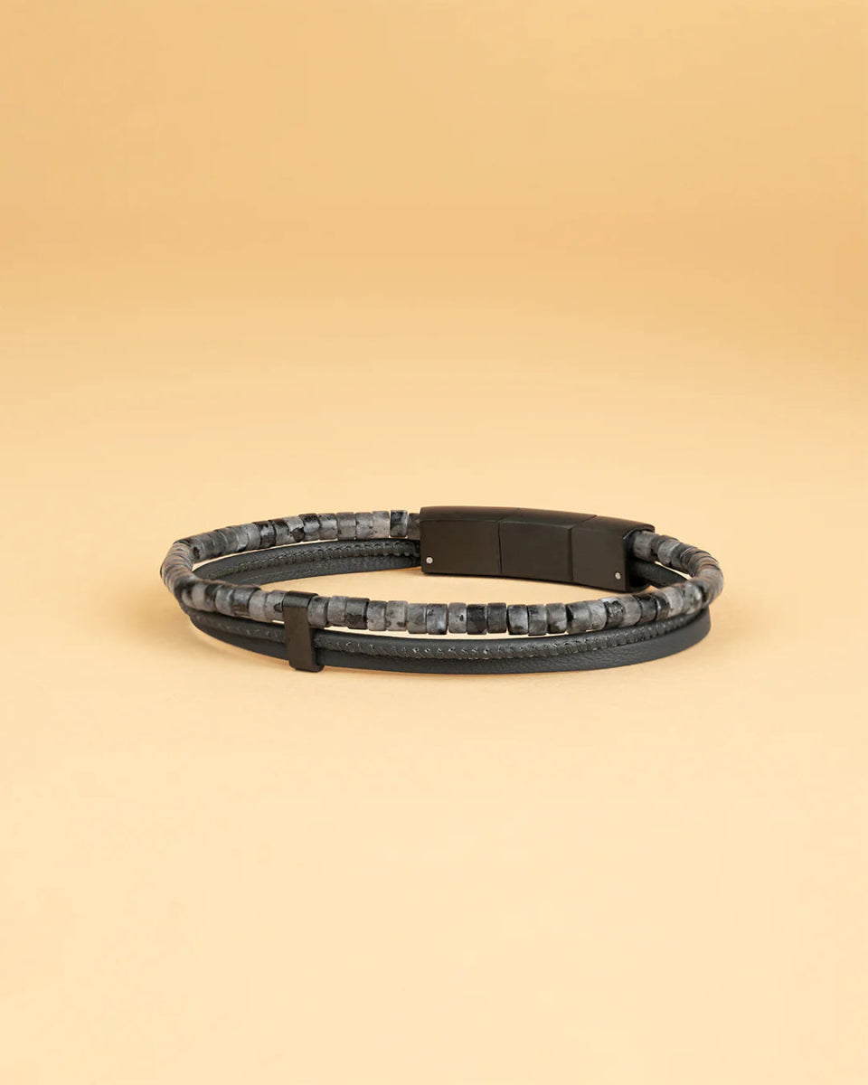 Bracelet Gemini triple brins Cuir noir et Larvikite gris - Gemini - Bijouterie TAMARA