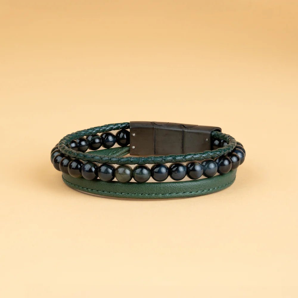 Bracelet Gemini triple brins Cuir vert et Oeil de Tigre - Gemini - Bijouterie TAMARA