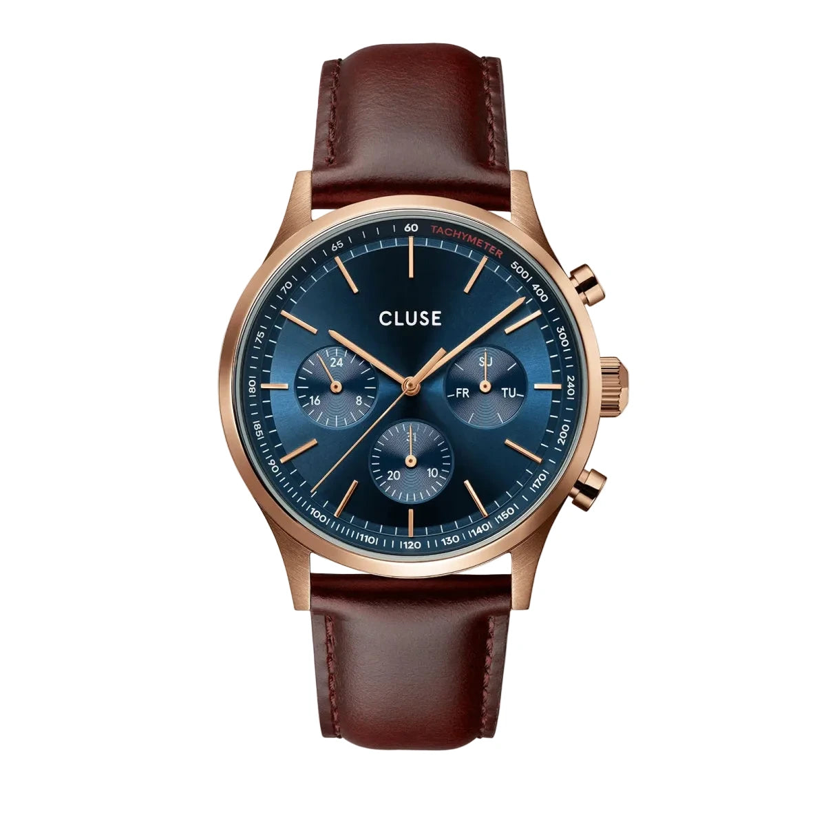 Montre CLUSE Anthéor Multifonction Rosedoré Bleu Cuir Marron - Cluse - Bijouterie TAMARA