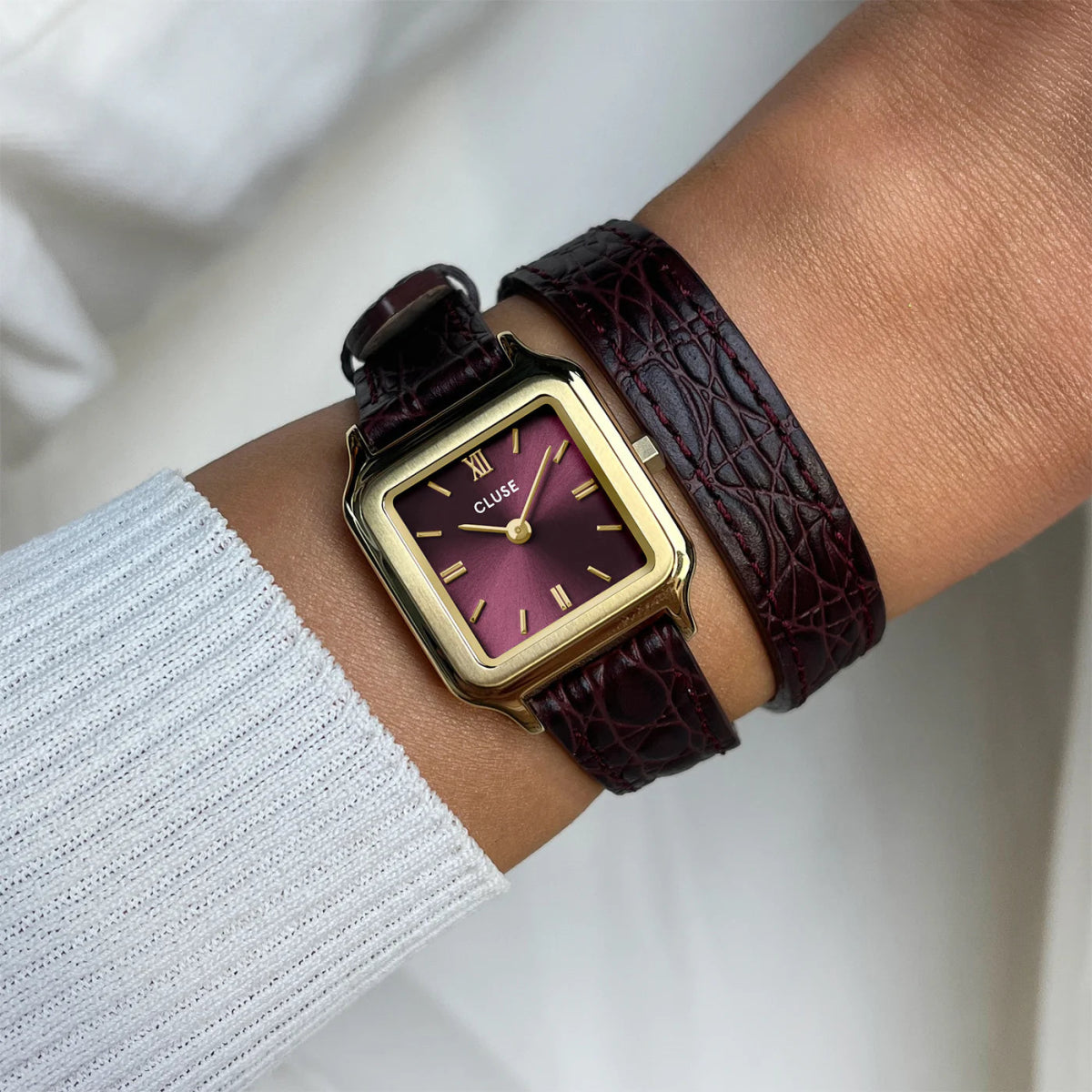 Montre CLUSE Gracieuse Petite Dorée Cuir double - tour Rouge Bordeaux - MONTRES - CW11822