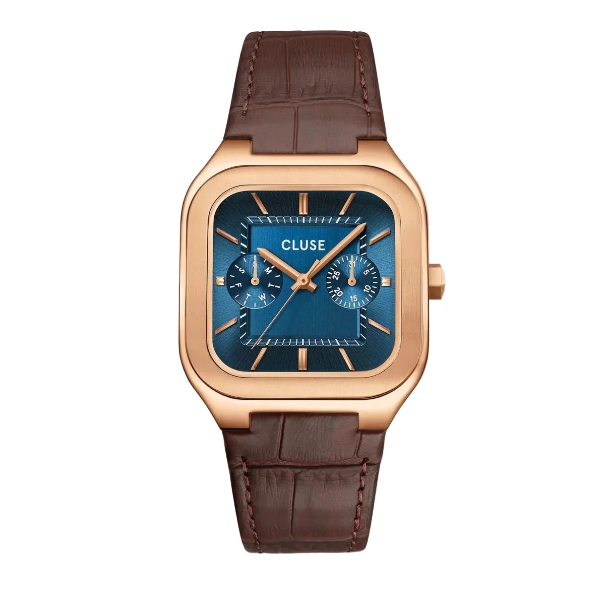 Montre CLUSE Homme Quadrus Multifonction Rose doré Bleu Cuir marron - MONTRES - CW26204