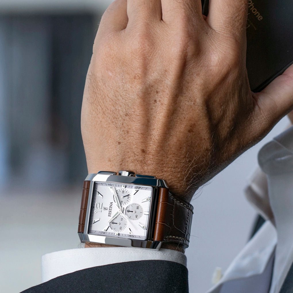 Montre FESTINA On the Square Argenté cuir brun - Festina - Bijouterie TAMARA