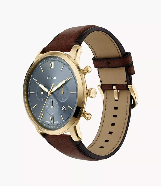 Montre FOSSIL Neutra Chronographe Dorée Gris Bleu cuir marron - MONTRES - FS6162