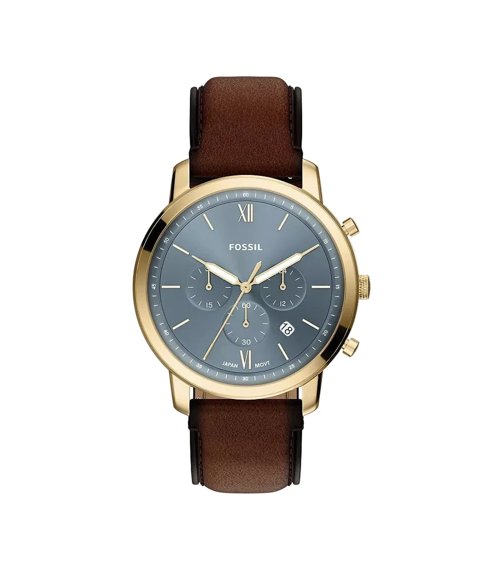 Montre FOSSIL Neutra Chronographe Dorée Gris Bleu cuir marron - MONTRES - FS6162