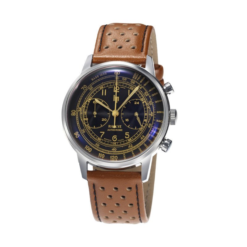 Montre LIP Rallye Chrono Méca - quartz Noir Cuir marron - MONTRES - 671826