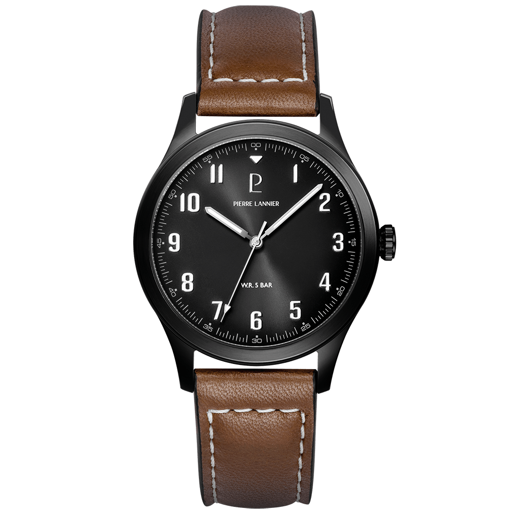 Montre Pierre LANNIER AVIATEUR Acier Noir Cuir Marron - MONTRES - 261K434