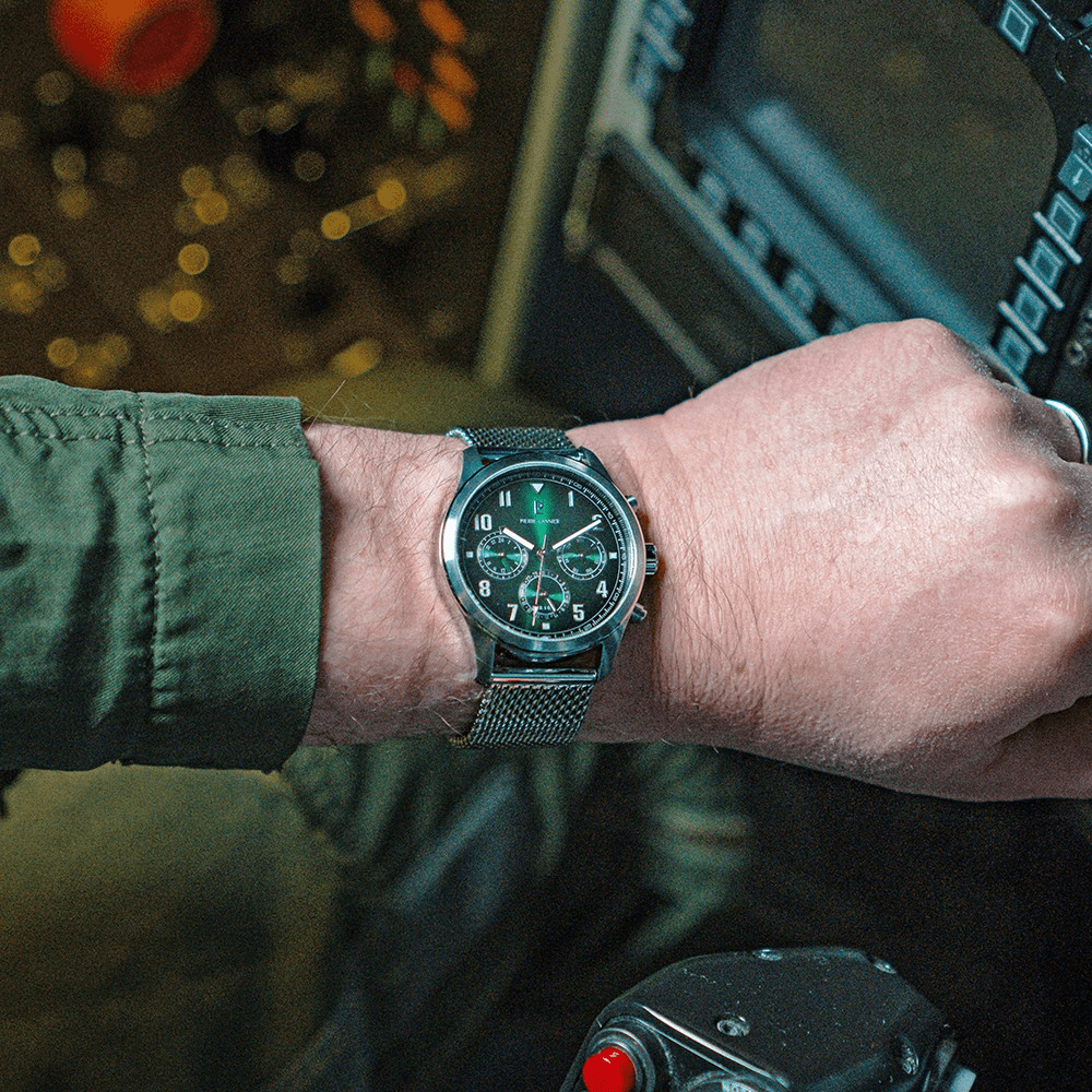 Montre Pierre LANNIER AVIATEUR Multifonction Acier Vert Maille milanaise - MONTRES - 257H171