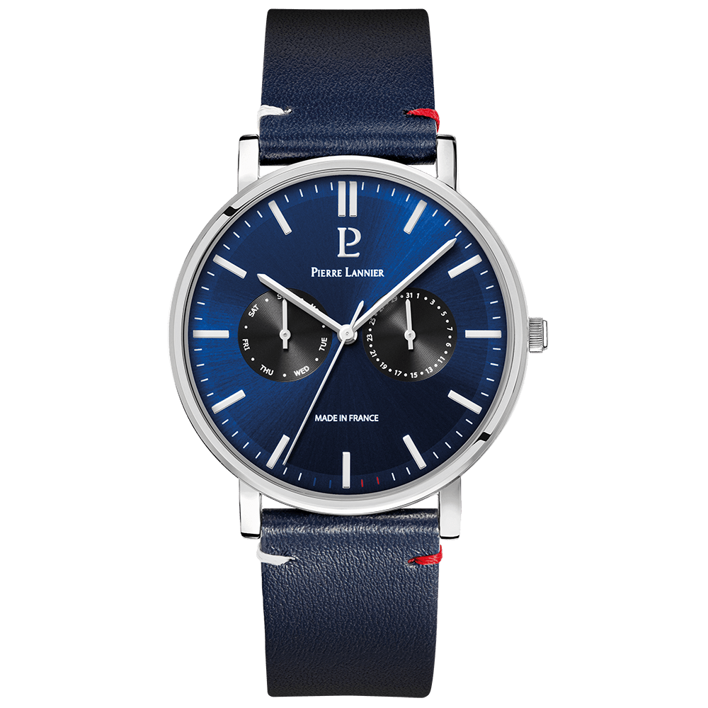 Montre Pierre LANNIER ESSENTIAL Calendrier Bleu Cuir Bleu - Bijouterie TAMARA