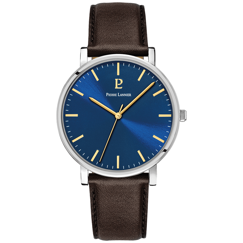 Montre Pierre Lannier Homme ESSENTIAL Acier Bleu cuir brun - Pierre Lannier - Bijouterie TAMARA