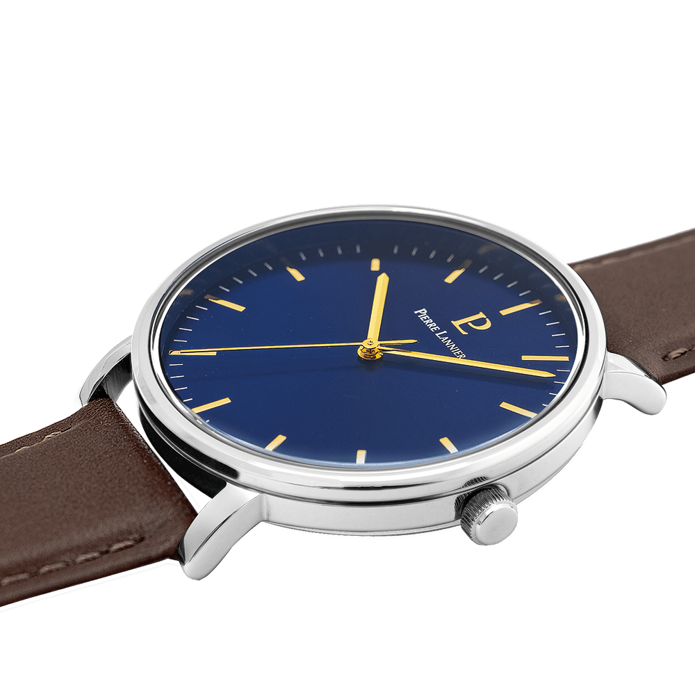 Montre Pierre Lannier Homme ESSENTIAL Acier Bleu cuir brun - Pierre Lannier - Bijouterie TAMARA