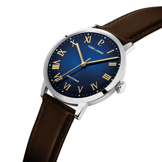 Montre Pierre LANNIER INTERVAL Acier Bleu Cuir Marron - MONTRES -255G164