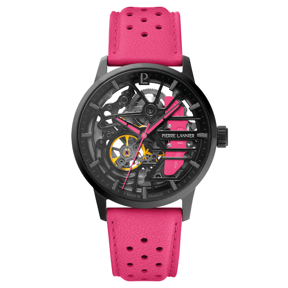 Montre Pierre LANNIER PADDOCK Femme Noir Cuir Rose - Bijouterie TAMARA