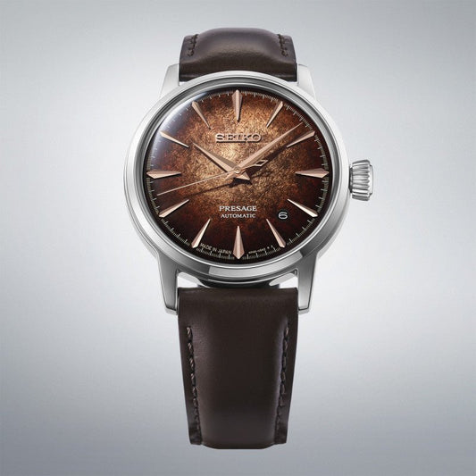 Montre SEIKO Presage automatique Cuir Marron index rose dorés - MONTRES -HCB003J1