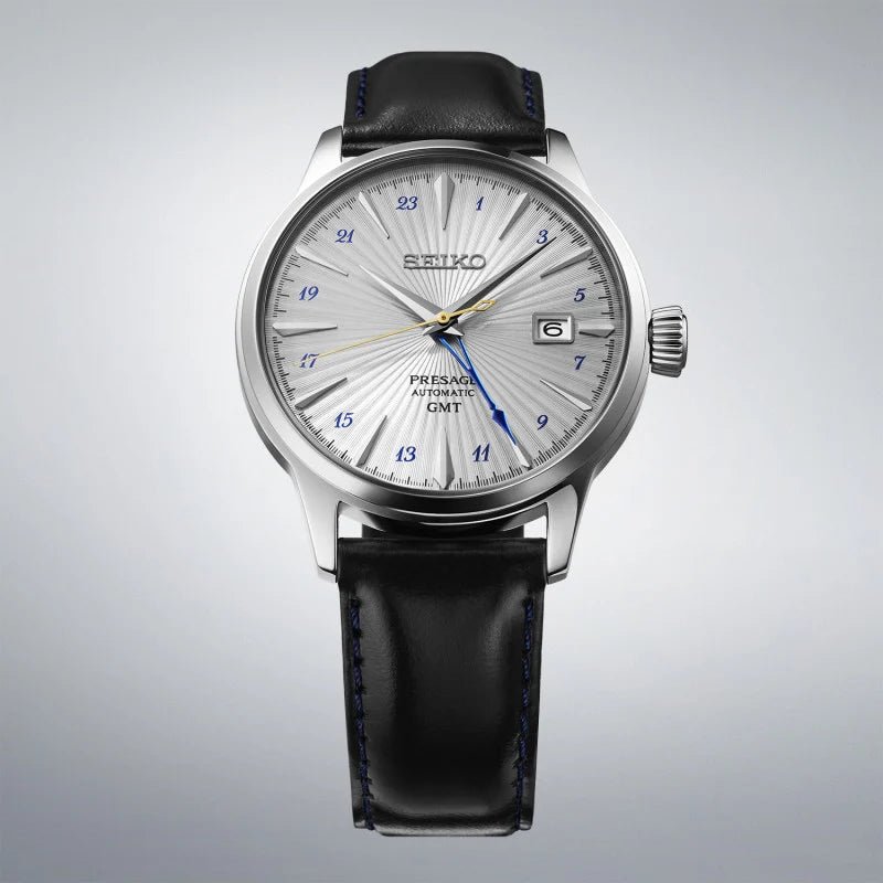 Montre SEIKO Presage Cocktail Automatique GMT Argent Cuir Noir - MONTRES -SSK049J1