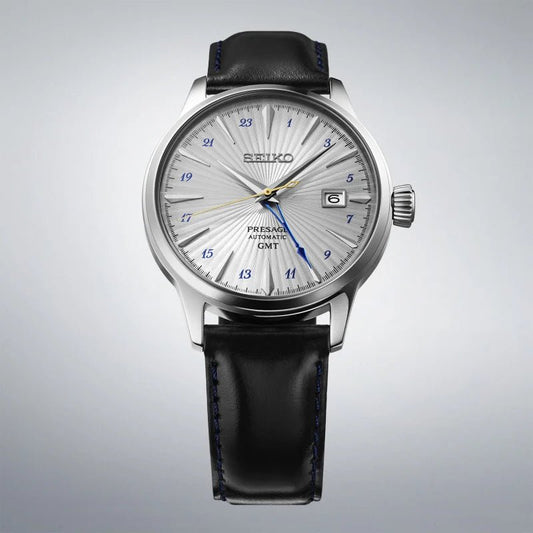 Montre SEIKO Presage Cocktail Automatique GMT Argent Cuir Noir - MONTRES -SSK049J1