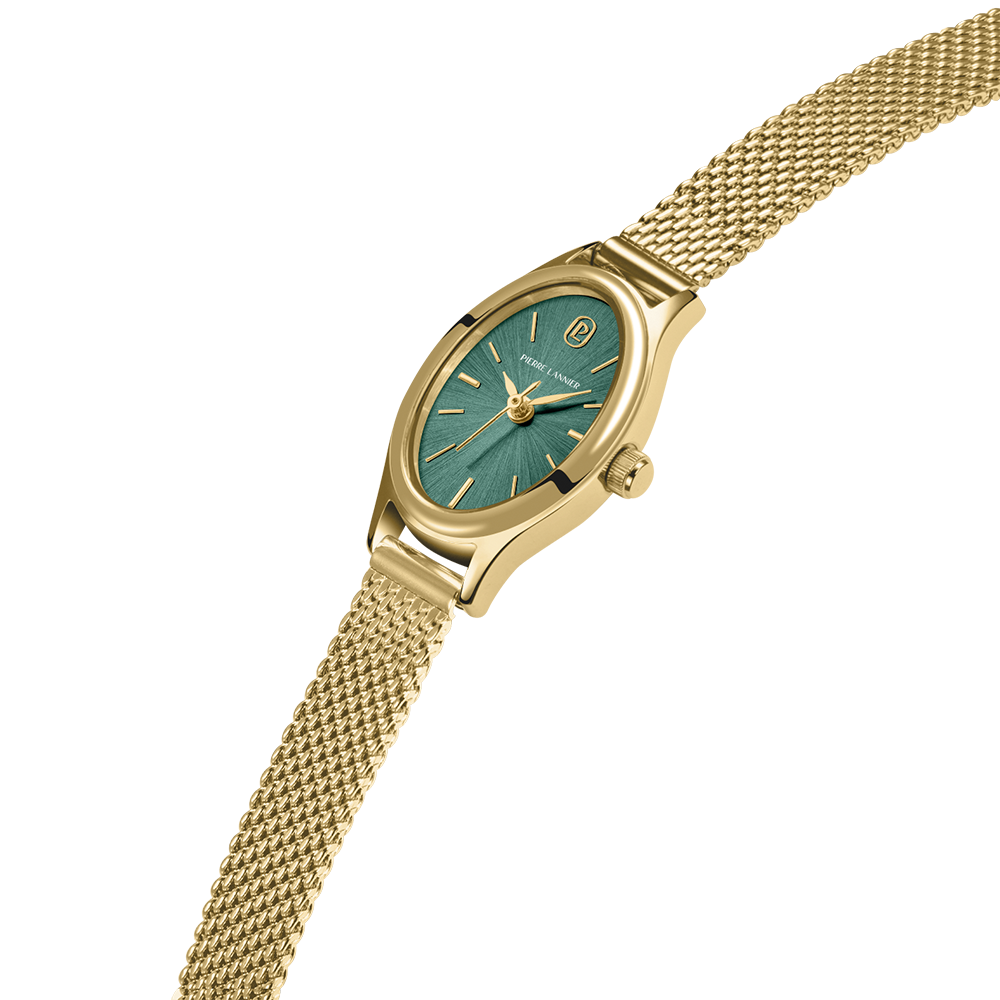 Montre Pierre LANNIER OVALIA Doré Vert Maille milanaise