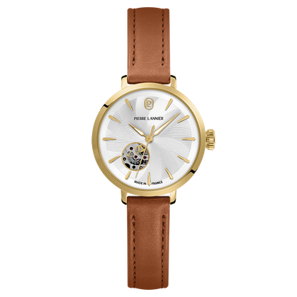 Montre Pierre LANNIER Femme Auto SOLINE Doré cuir Brun
