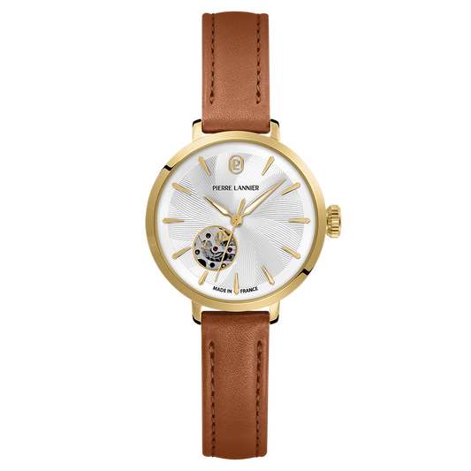 Montre Pierre LANNIER Femme Auto SOLINE Doré cuir Brun