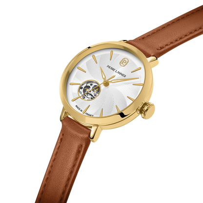 Montre Pierre LANNIER Femme Auto SOLINE Doré cuir Brun