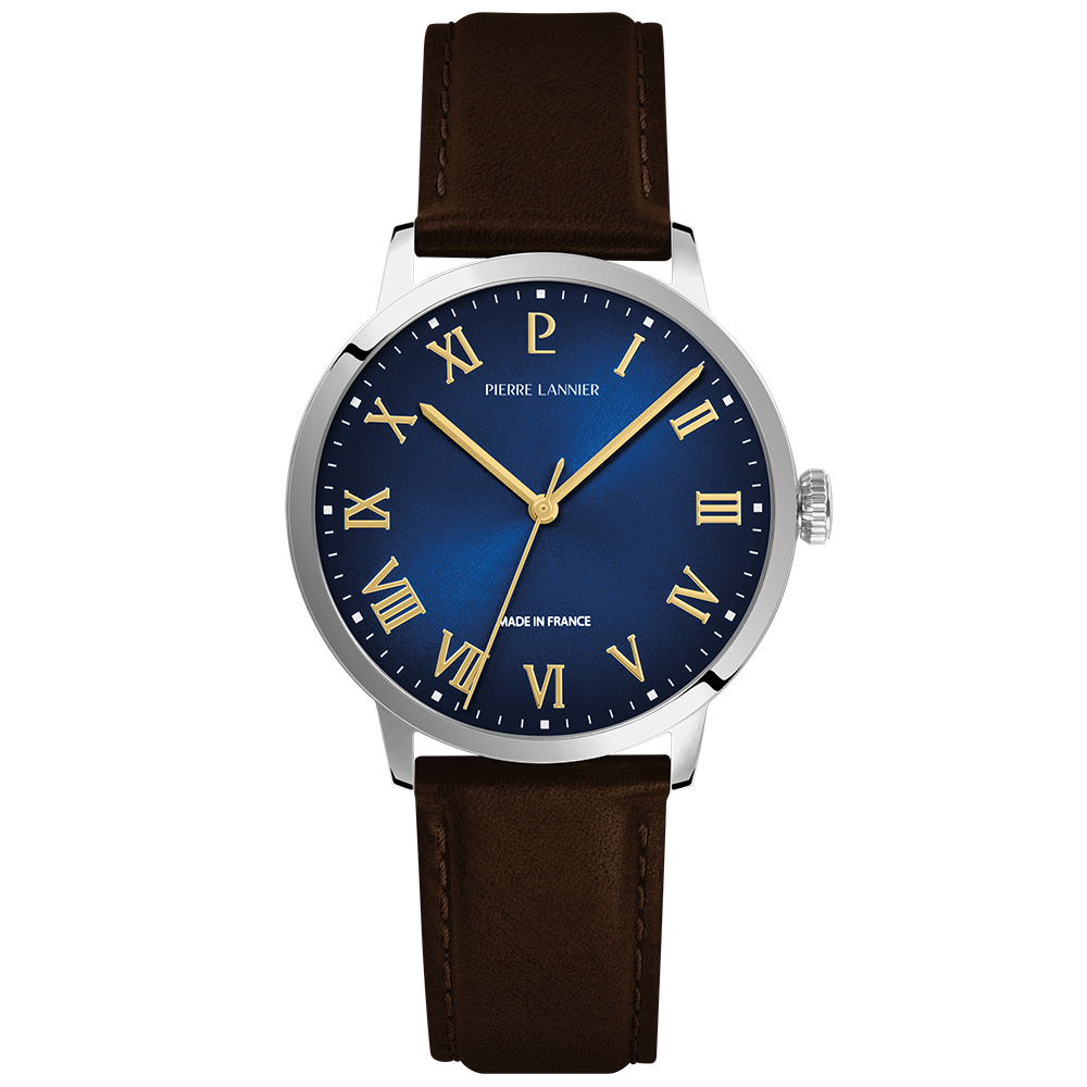Montre Pierre LANNIER INTERVAL Acier Bleu Cuir Marron