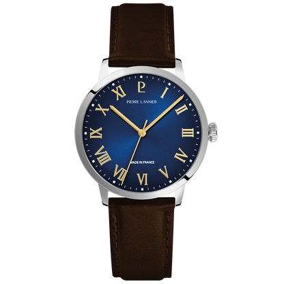 Montre Pierre LANNIER INTERVAL Acier Bleu Cuir Marron