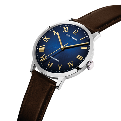 Montre Pierre LANNIER INTERVAL Acier Bleu Cuir Marron