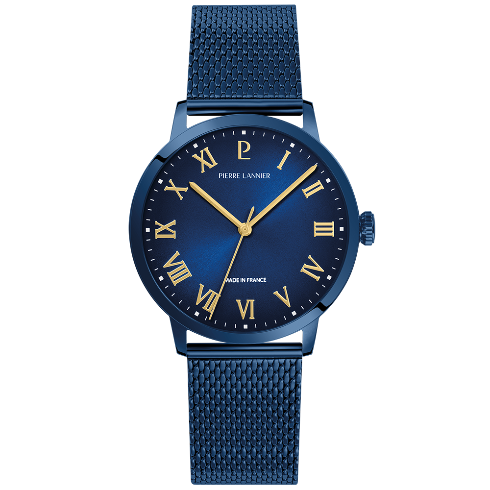 Montre Pierre LANNIER INTERVAL Acier Bleu Maille milanaise Bleue