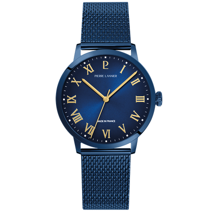 Montre Pierre LANNIER INTERVAL Acier Bleu Maille milanaise Bleue