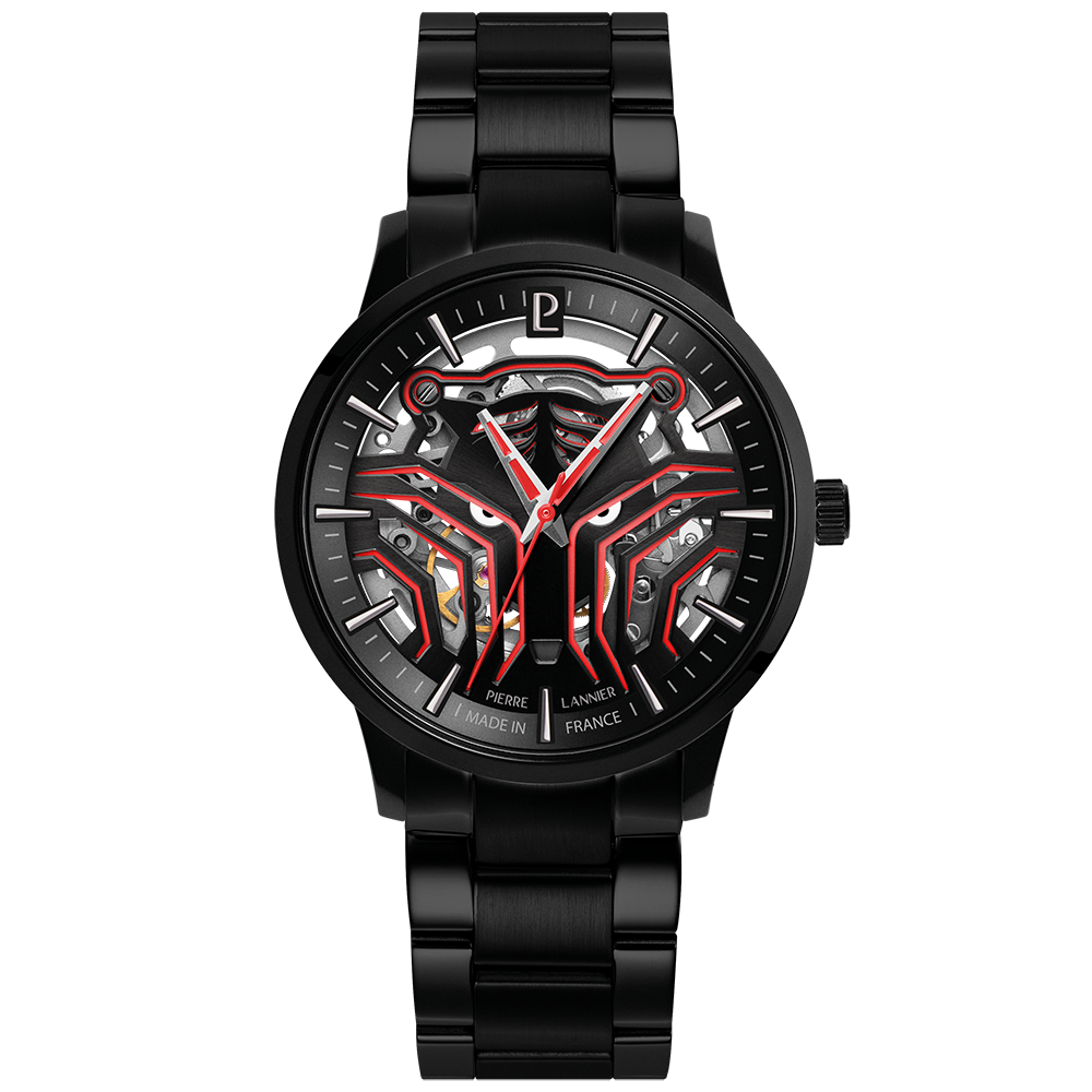 Montre Pierre LANNIER SHERKHAN Acier Noir Squellette Rouge