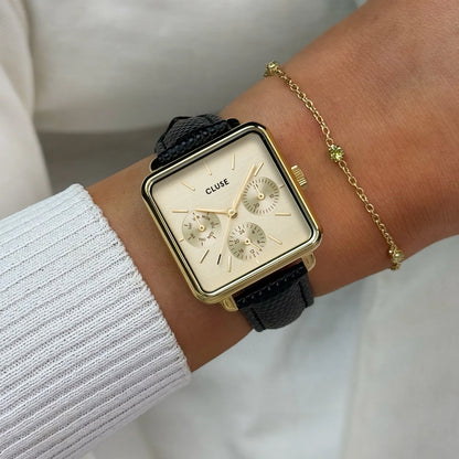 Montre CLUSE La Tétragone Multifonction dorée Cuir Lézard noir