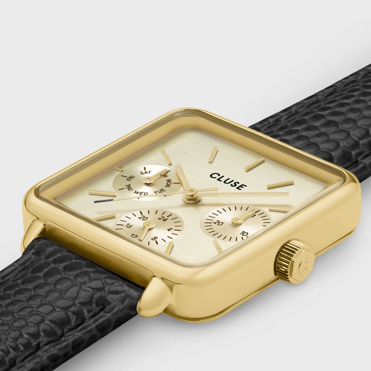 Montre CLUSE La Tétragone Multifonction dorée Cuir Lézard noir