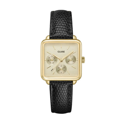 Montre CLUSE La Tétragone Multifonction dorée Cuir Lézard noir
