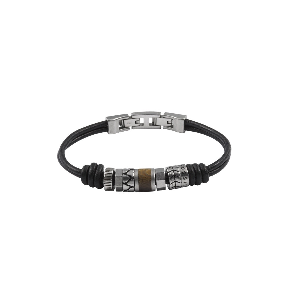 Bracelet Fossil Vintage Casual cuir noir perles acier