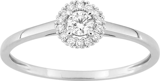 Bague Or Blanc 375‰, Diamant de synthèse central 0.10 ct avec halo de diamants de synthèse 0.05ct - BIJOUX -9KLGD033W