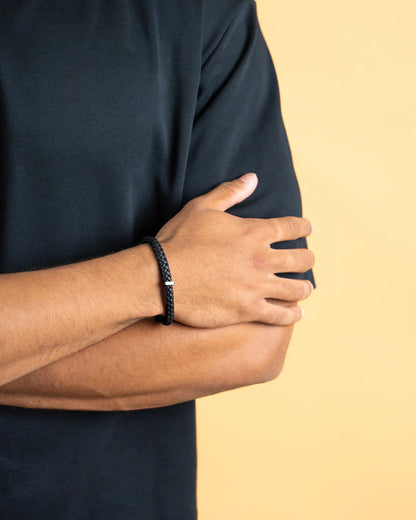 Bracelet Gemini Cuir italien Nappa tressé Noir - Bijouterie TAMARA
