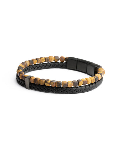 Bracelet Gemini Double - brin Cuir Noir Oeil de Tigre 4mm - Bijouterie TAMARA