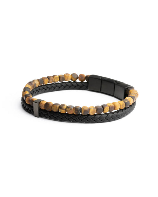 Bracelet Gemini Double - brin Cuir Noir Oeil de Tigre 4mm - Bijouterie TAMARA