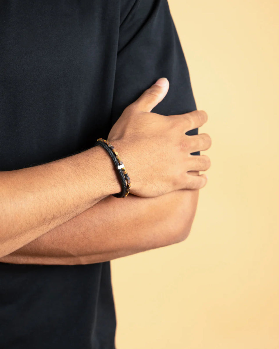 Bracelet Gemini Double - brin Cuir Noir Oeil de Tigre 4mm - Bijouterie TAMARA