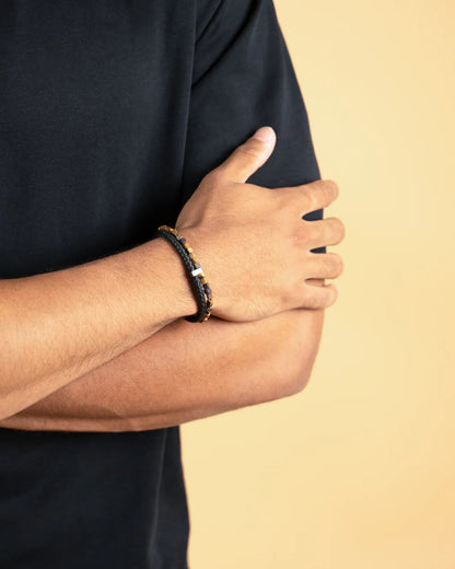 Bracelet Gemini Double - brin Cuir Noir Oeil de Tigre 4mm - Bijouterie TAMARA