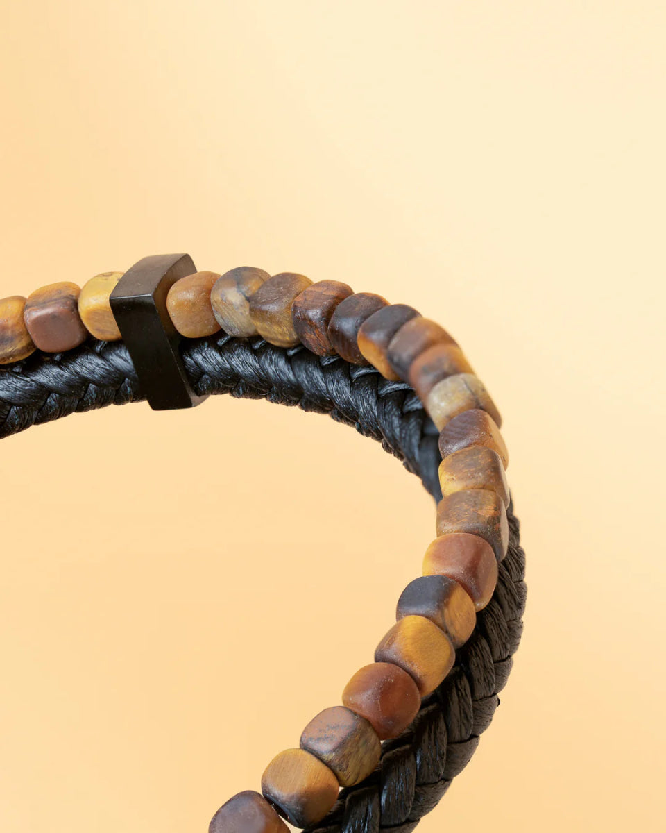 Bracelet Gemini Double - brin Cuir Noir Oeil de Tigre 4mm - Bijouterie TAMARA