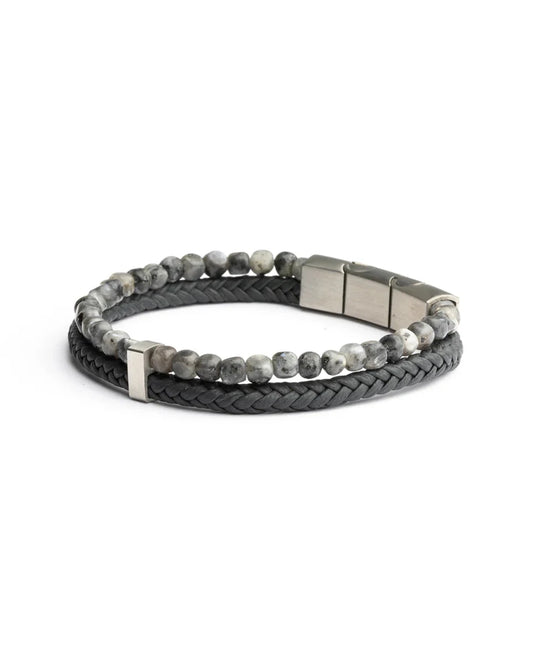 Bracelet Gemini Double Cuir gris & Larvikite - BIJOUX - O34XXS