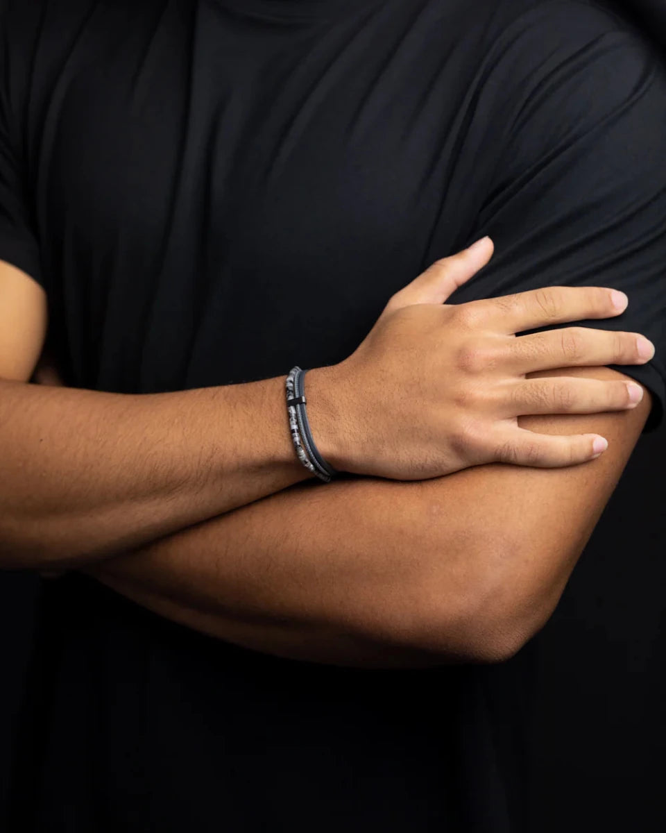 Bracelet Gemini Double Cuir gris & Larvikite - BIJOUX - O34XXS