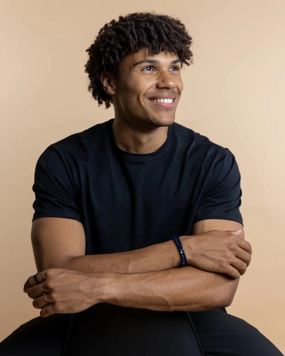 Bracelet Gemini Double Cuir noir & Œil de Tigre bleu - BIJOUX - O37XXS