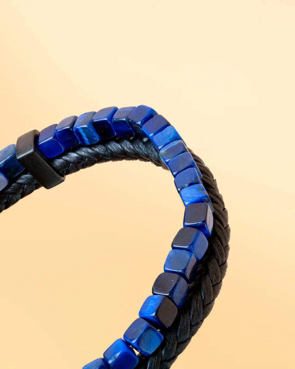 Bracelet Gemini Double Cuir noir & Œil de Tigre bleu - BIJOUX - O37XXS